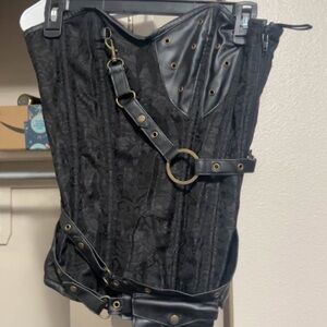 Vintage Black Lace and Faux Leather Corset Top with Buckle Detail